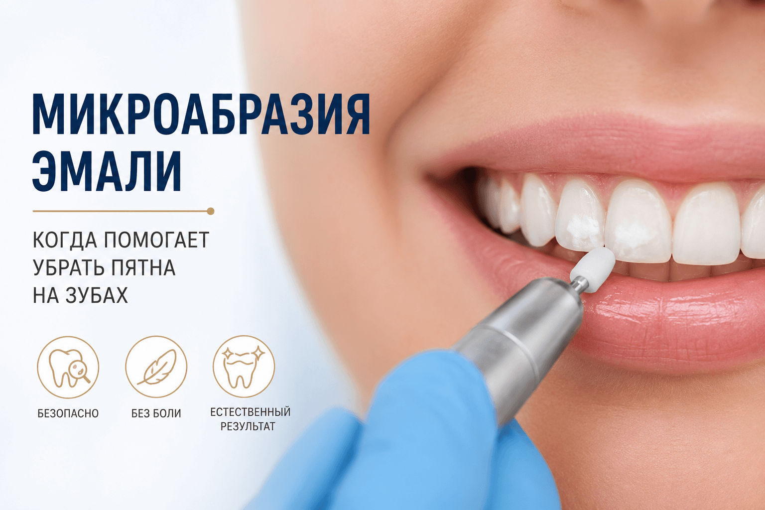 Стоматолог проводит микроабразию эмали для удаления белых пятен на передних зубах