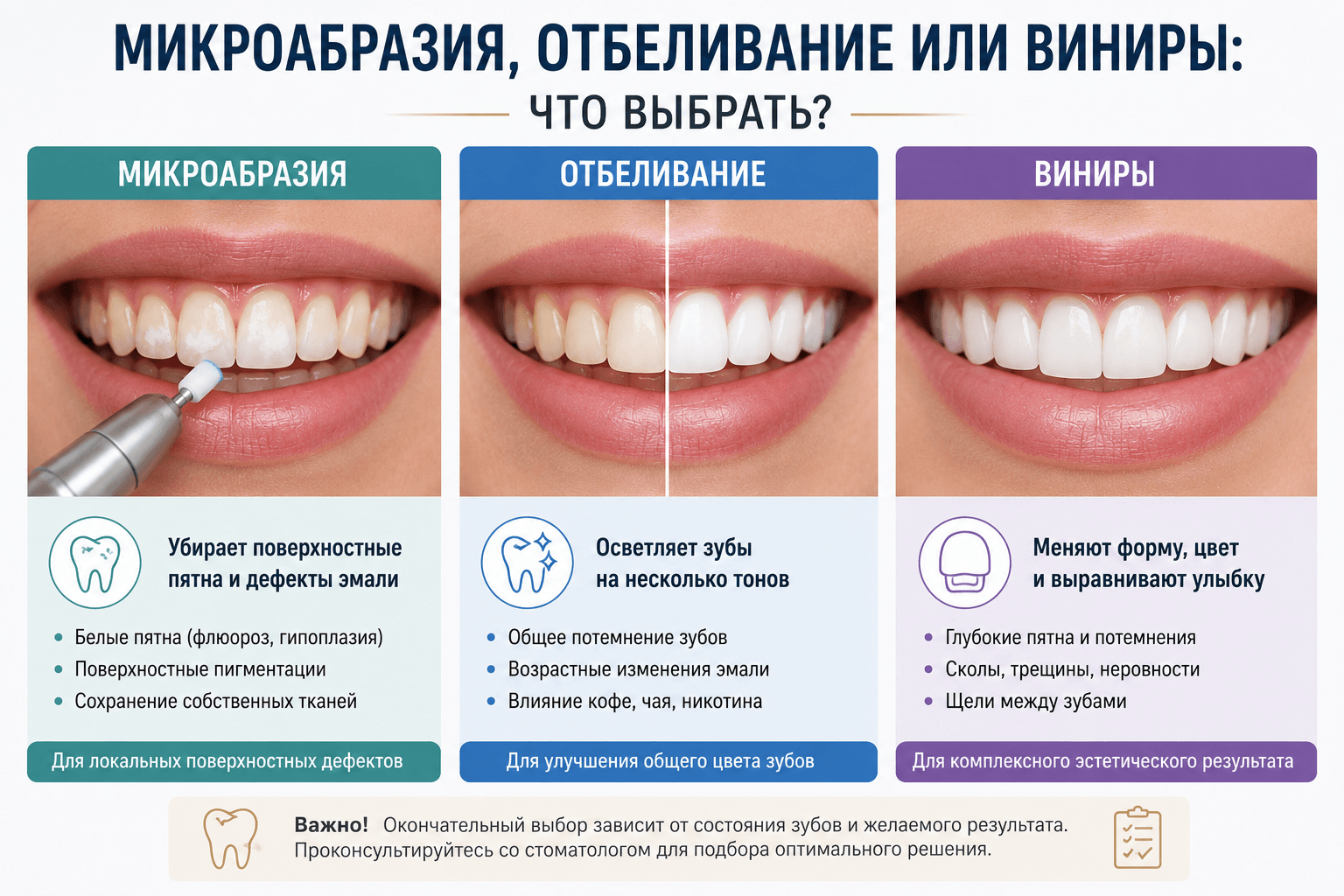 Сравнение микроабразии эмали, профессионального отбеливания и виниров для выбора оптимального способа эстетической коррекции зубов