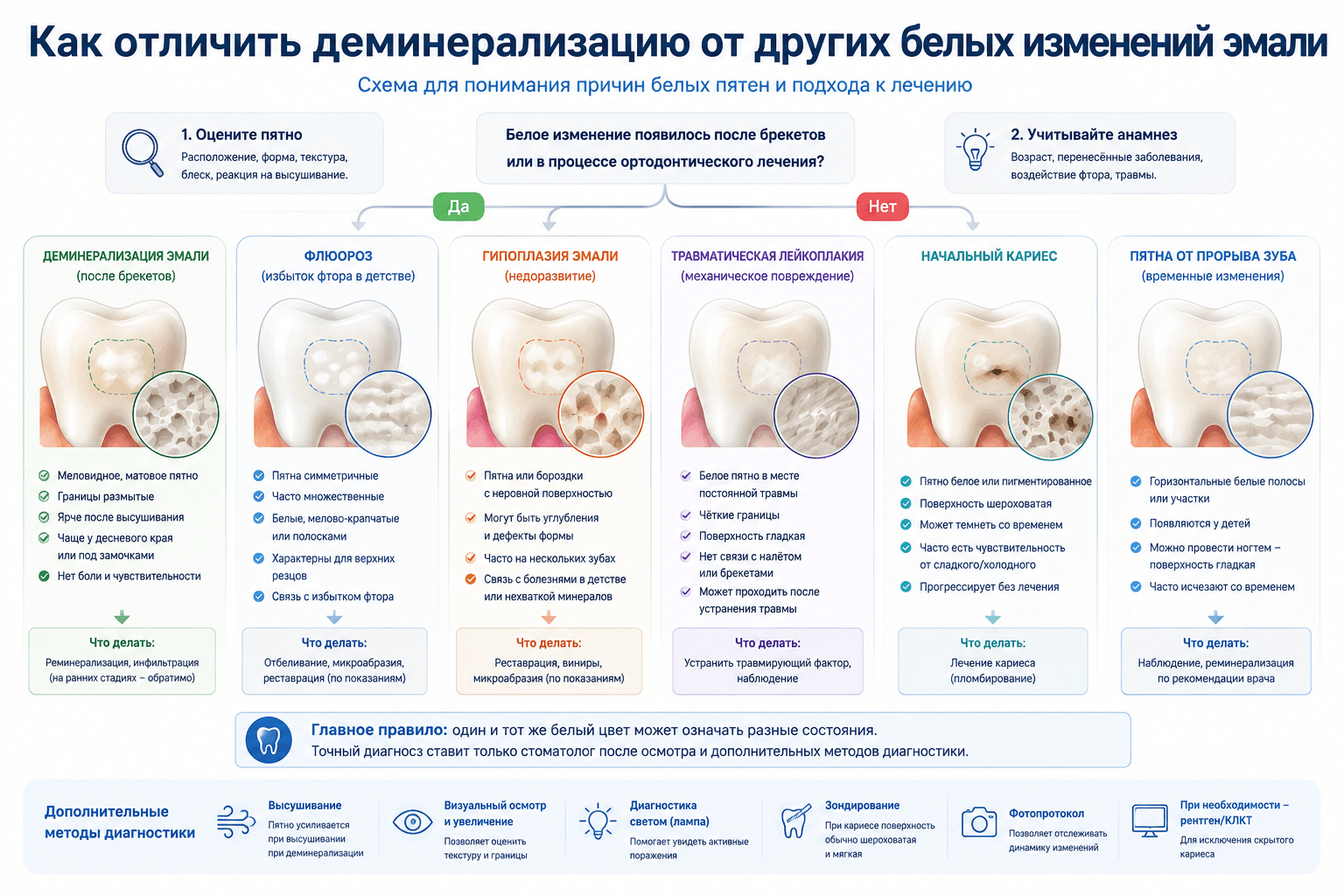 Как отличить деминерализацию от других белых изменений эмали