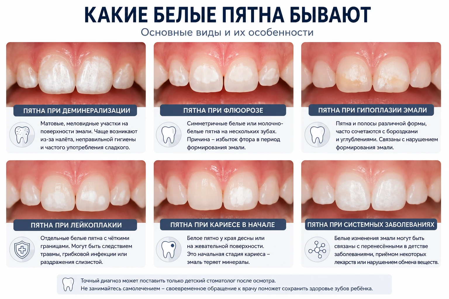 Какие белые пятна бывают на молочных зубах у ребенка